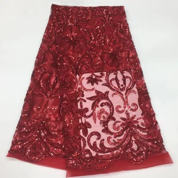 

4 colors (5yards/pc) High quality embroidered red sequins French net lace African tulle lace fabric for wedding party FSQX005