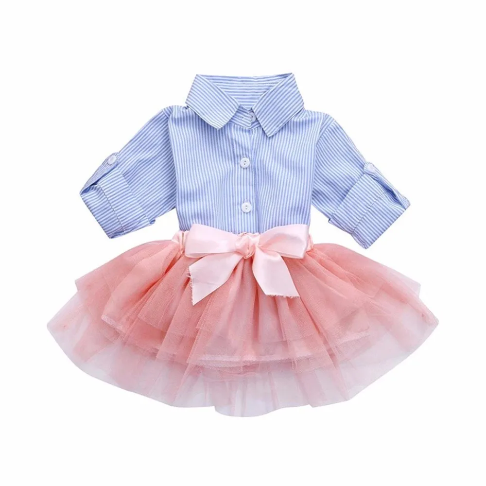 

Newborn Kids Baby Girl Clothes Set Blue Striped Folding Sleeve Shirt Top Tutu Outfits Children Tulle Toddler Baby Clothing Suit