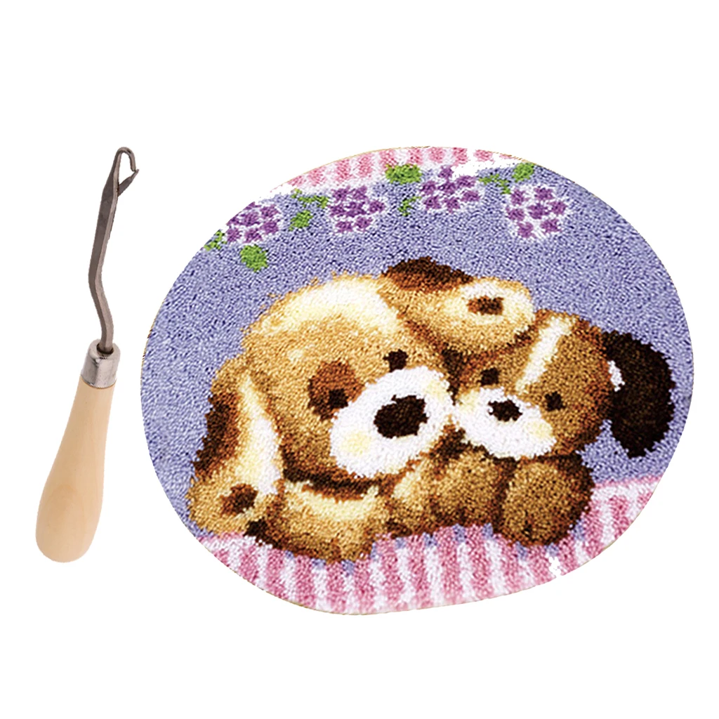 Two Dogs Latch Hook Rug Making Kits for Children with Wooden Handle Crochet Needle 50 x 50cm Round