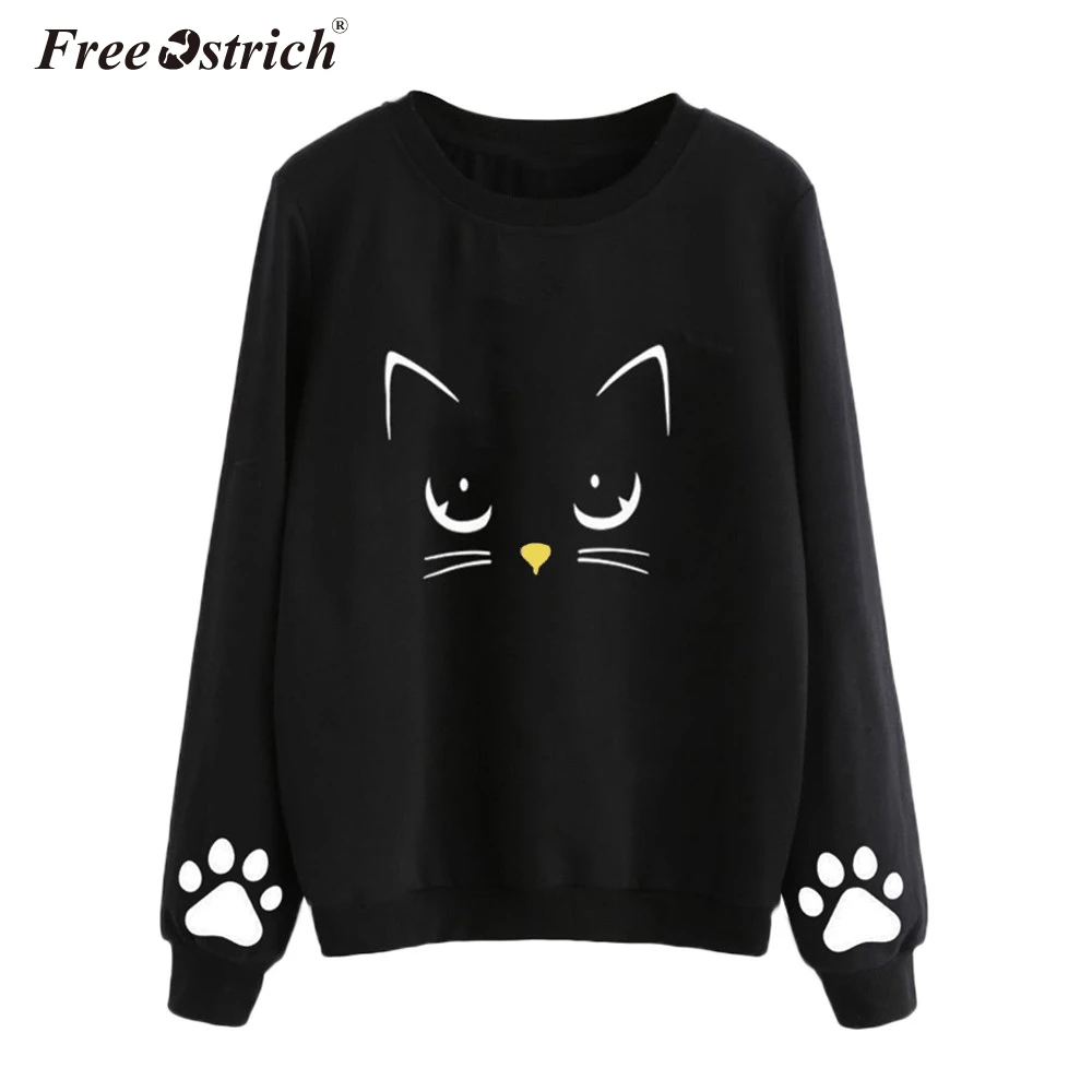  Free Ostrich Autumn Casual Harajuku Kawaii Black Cat Sweatshirts Women Long Sleeve Tops Pullover Fu
