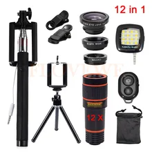 HD 12в1 набор объективов для телефона 3 в 1 Рыбий глаз Широкоугольные Макро линзы 12x зум телефото Lentes селфи удаленный штатив зажимы вспышка света