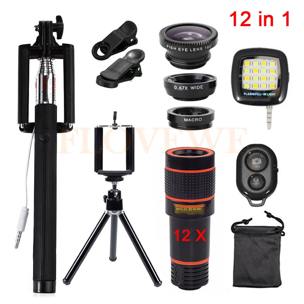 

HD 12in1 Phone lens kit 3 in 1 Fish eye Wide Angle Macro Lenses 12x Zoom Telephoto Lentes Selfie Remote Tripod Clips Flash Light
