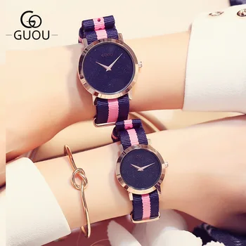 

New GUOU Rose Gold Shell Japan Core Nylon Band Pink Red White Quartz Bracelet Wrist Watch Wristwatches for Ladies Women