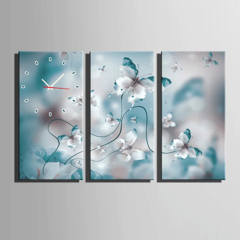 

Free Shipping E-HOME Butterfly Flower Clock in Canvas 3pcs wall clock 17121125