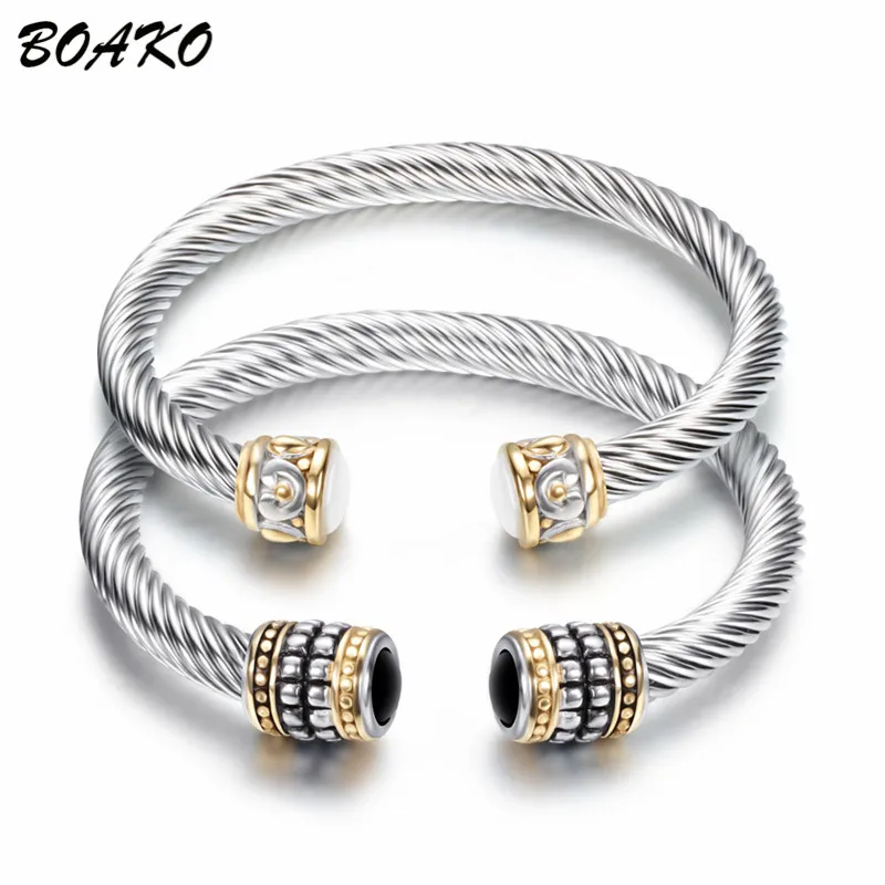 

BOAKO Multi Twisted Cable Wire Bangle Vintage Fashion Bracelets Bangles Cuff Bracelets for Women Stainless Steel Bangle pulseira