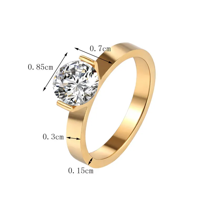 1 Carat Crystal Ring for Wedding Titanium Steel Gold Color Jewelry Woman Ring