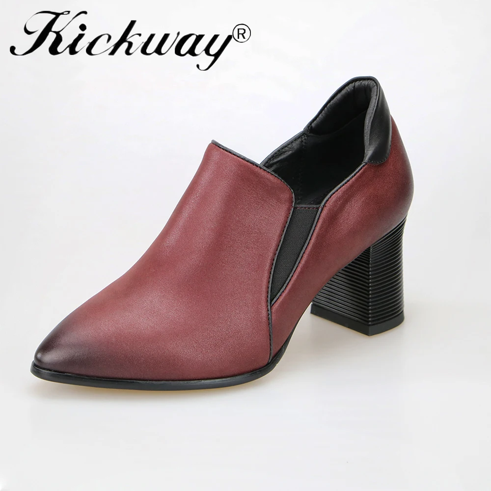 

Kickway Leather shoes women med heels chaussures femme Plus size 34-42 Spring autumn loafers women shoes ladies comfortable