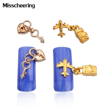 

10pcs/pack New Gold 3D Nail Art Decoration Alloy Nail Chain Beauty Airplane Heart Lock 3D Nail Charm Nails Accessoires