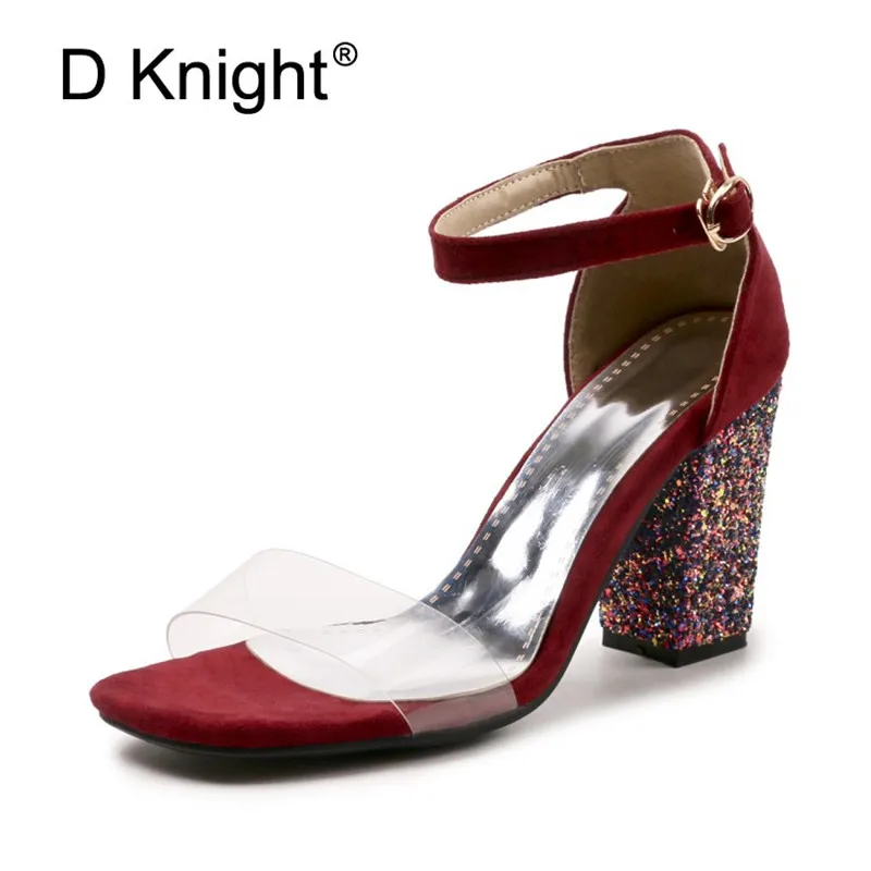 Big Size 52 Women Open Toe Strappy Ankle Strap Yellow Black Sandals Bling Transparent Clear Block Thick High Heel Sequined Shoes (33)