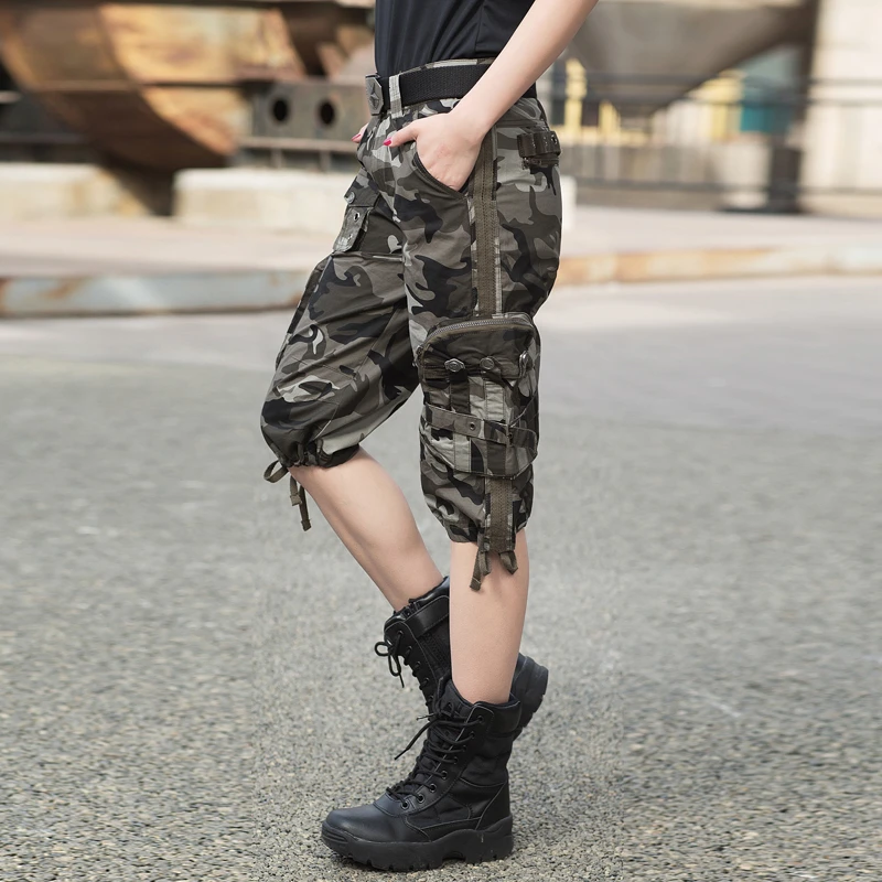 Camouflage Tactical Shorts Women Men Military Cargo Cropped Trousers Army  Couple Multi-pocket Cotton Breathable Shorts With Belt