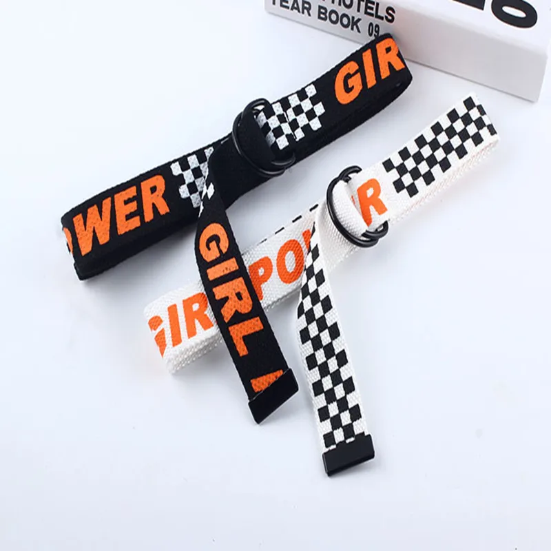 

Girl Power Double D Ring Buckle Belt Harajuku Fashion 130cm Women Long Belts Female Printing Letter Canvas Strap For Jeans