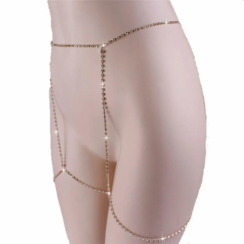 Женское Сексуальное Серебряное белье, пояс для подвязок с кристаллами, Женская Регулируемая металлическая цепочка на тело, прозрачный пояс для подвязки ног, стразы