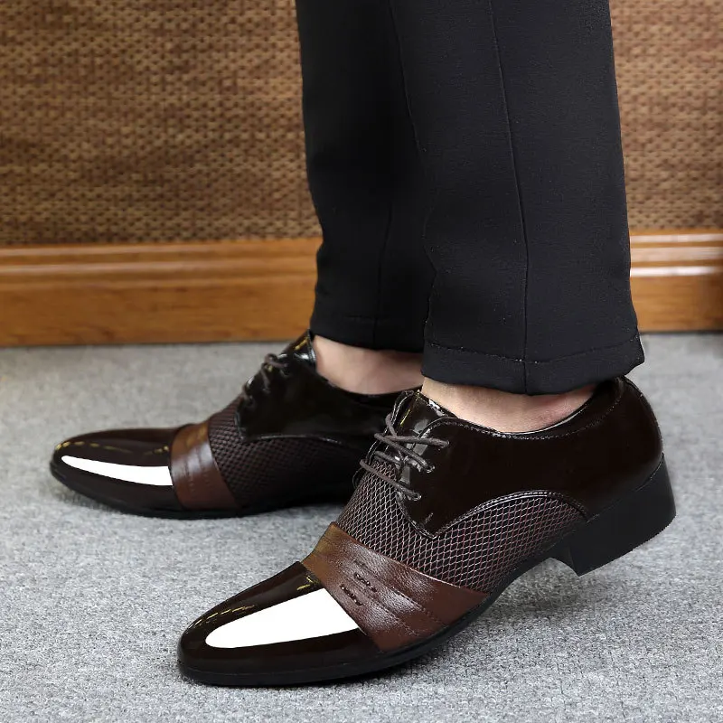 

Derby shoes cheap men shoes leather 2019 big size 38-47 patchwork lace up men flat shoes dress PU breathable chaussure homme