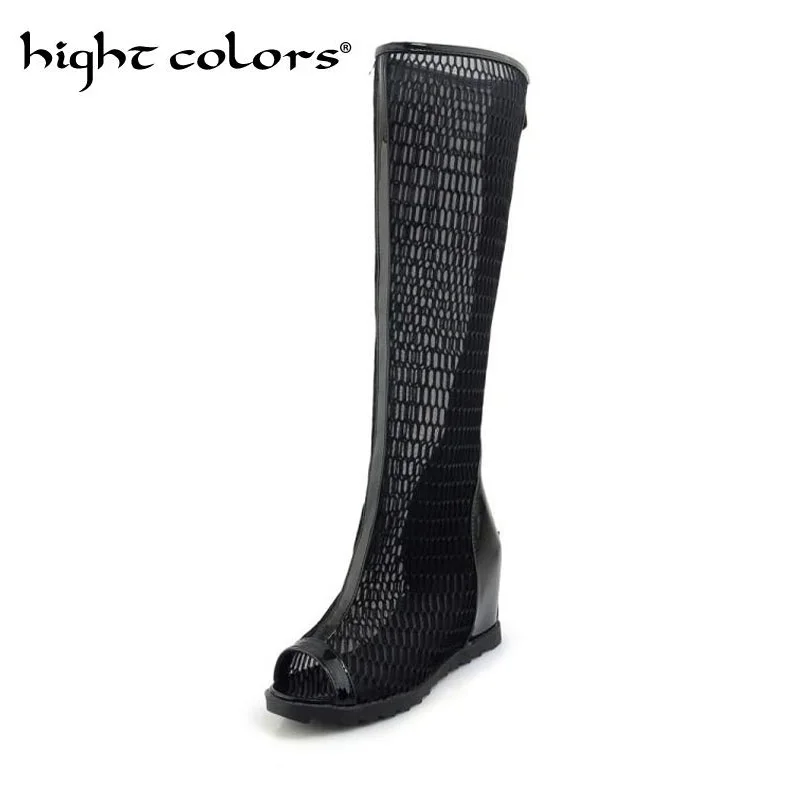 

New Women Open Toe Cool Summer Knee High Mesh Boots Increased Internal Zip High Heel Shoes Sandals Plus Size 34-43 Zapatos Mujer