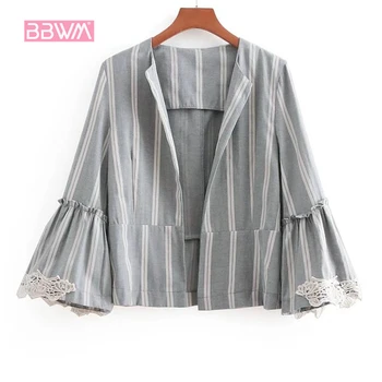 

Women's 2018 Hong Kong new lace stitching flared casual striped suit cardigan jacket