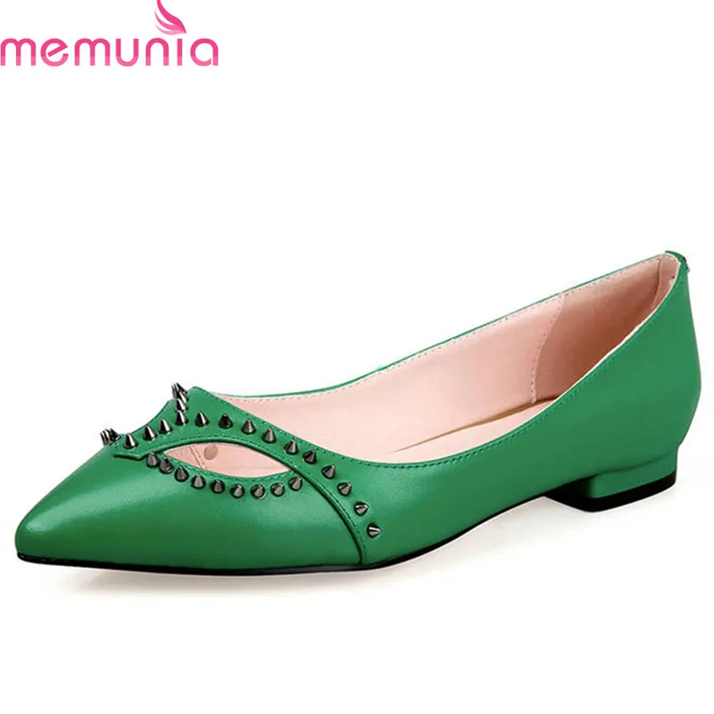 

MEMUNIA 2018 top quality genuine leather shoes pointed toe summer shoes fashion rivet shallow lady shoes comfortable flat shoes