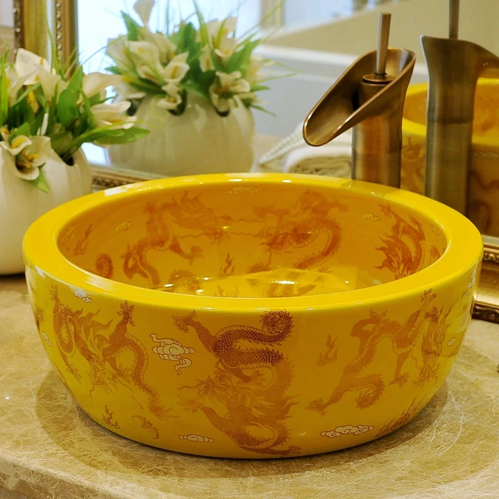 Yellow Jingdezhen Bathroom ceramic sink wash basin Porcelain Counter