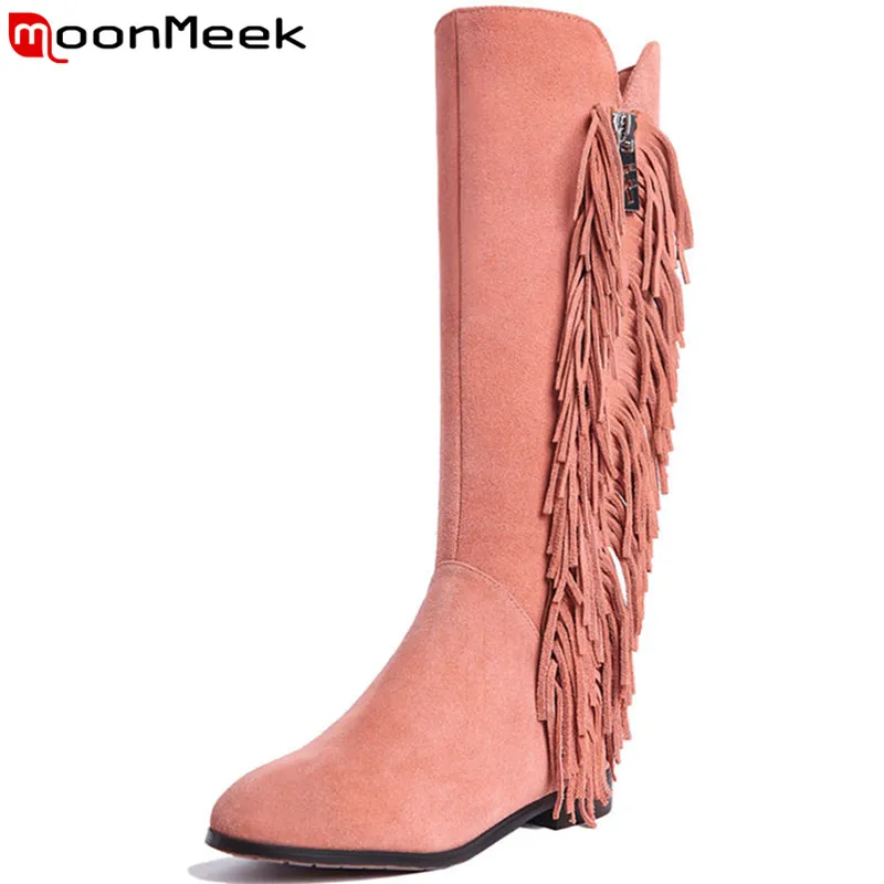 

MoonMeek 2020 fashion knee high boots women round toe zip fringe classic zip suede leather boots low heels ladies prom boots