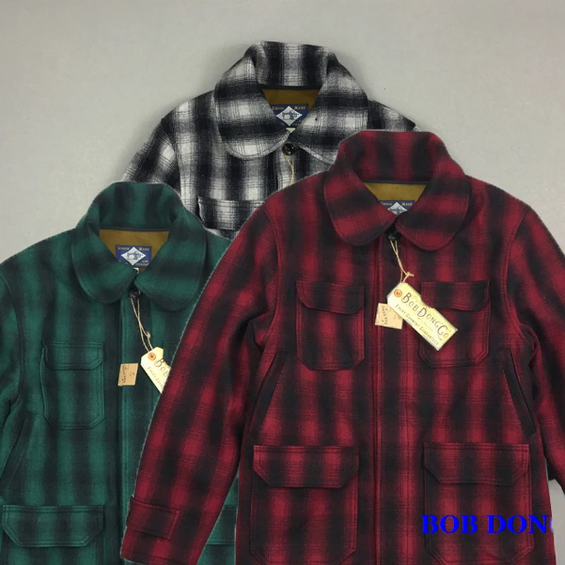 Bob Dong Woolen Plaid Checks Hunting Jacket Vintage Winter Men's