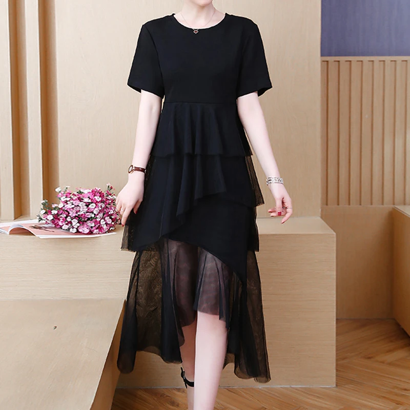 

Plus Size 4XL Size Women T-shirt Dresses Summer 2019 New Female casual Short Sleeve Loose Mesh Splicing Female Cake Dress 983A3
