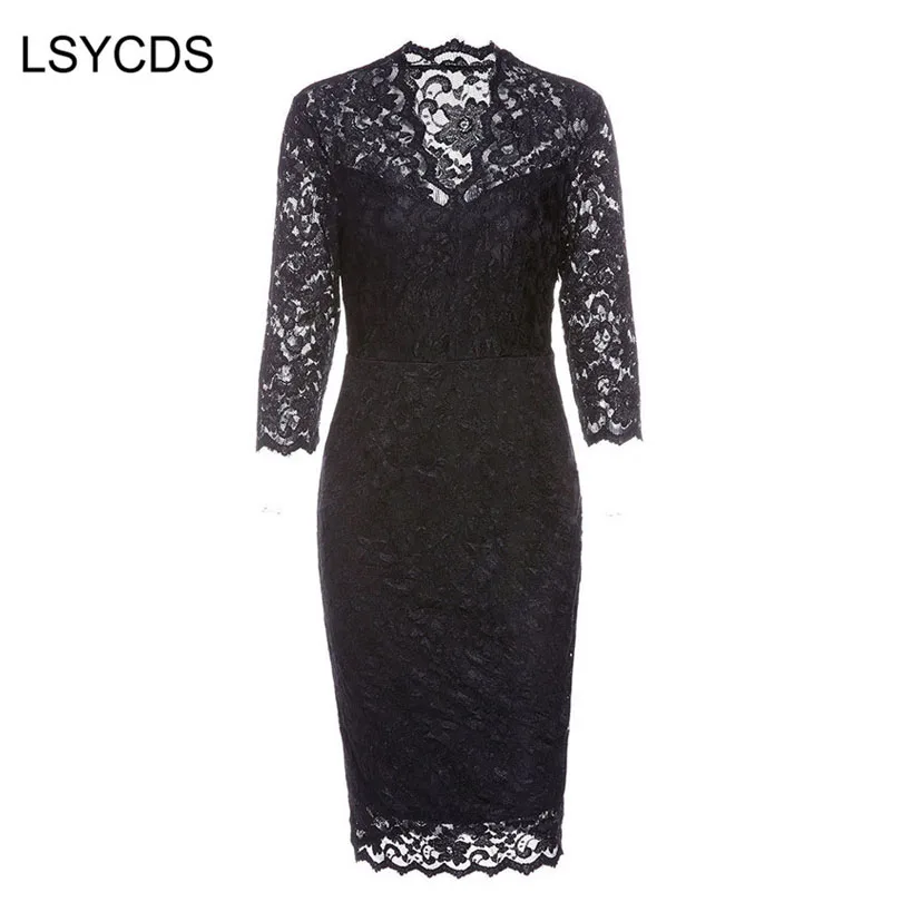 

LSYCDS 2019 Elegant Black Dress for the office V Neck 3/4 Sleeve Sexy Slim Embroidery Blue Casual Party Lace Women Dresses