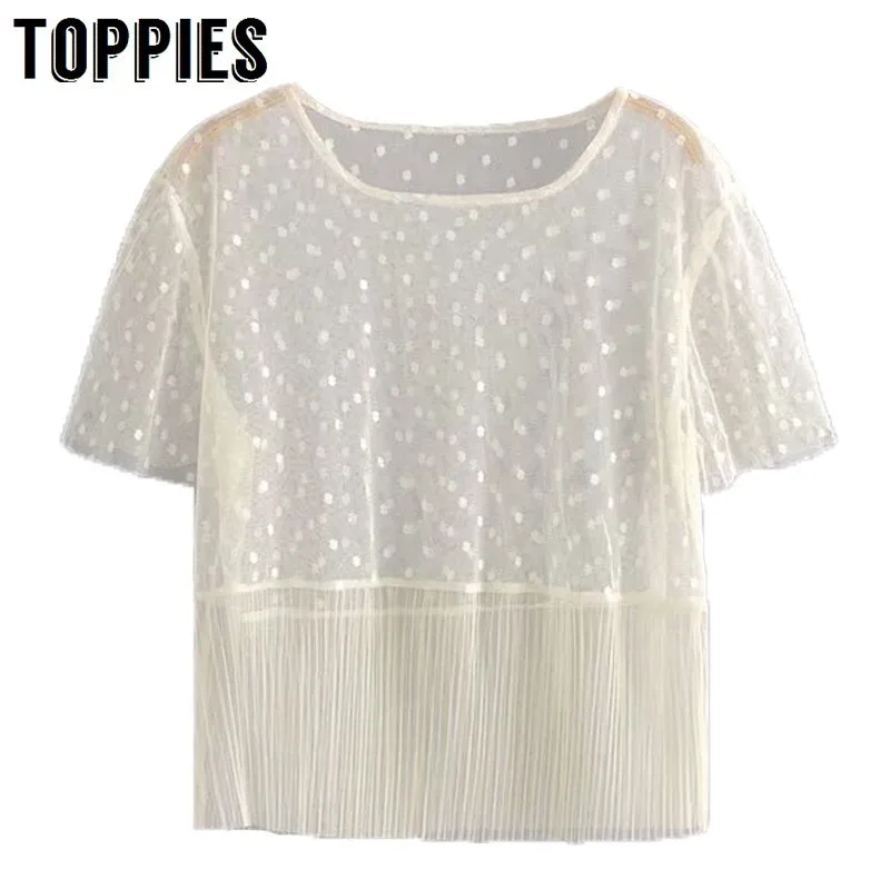

2019 Sexy Transparent Mesh Yarn Tops Summer Short Sleeve Round Neck T-shirts Pleated Hem Hollow Out Appliques Tops