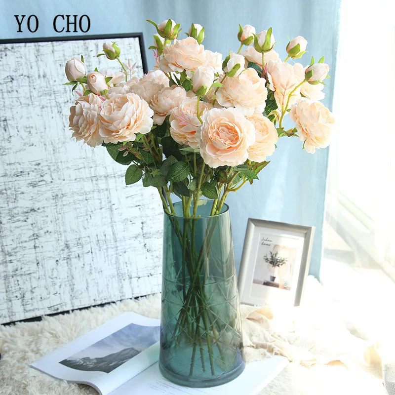 Yo Cho Rose Artificial Flowers 3 Heads White Peonies Silk Flowers Red Pink Blue Fake Flower Wedding Decor For Home Peony Bouquet