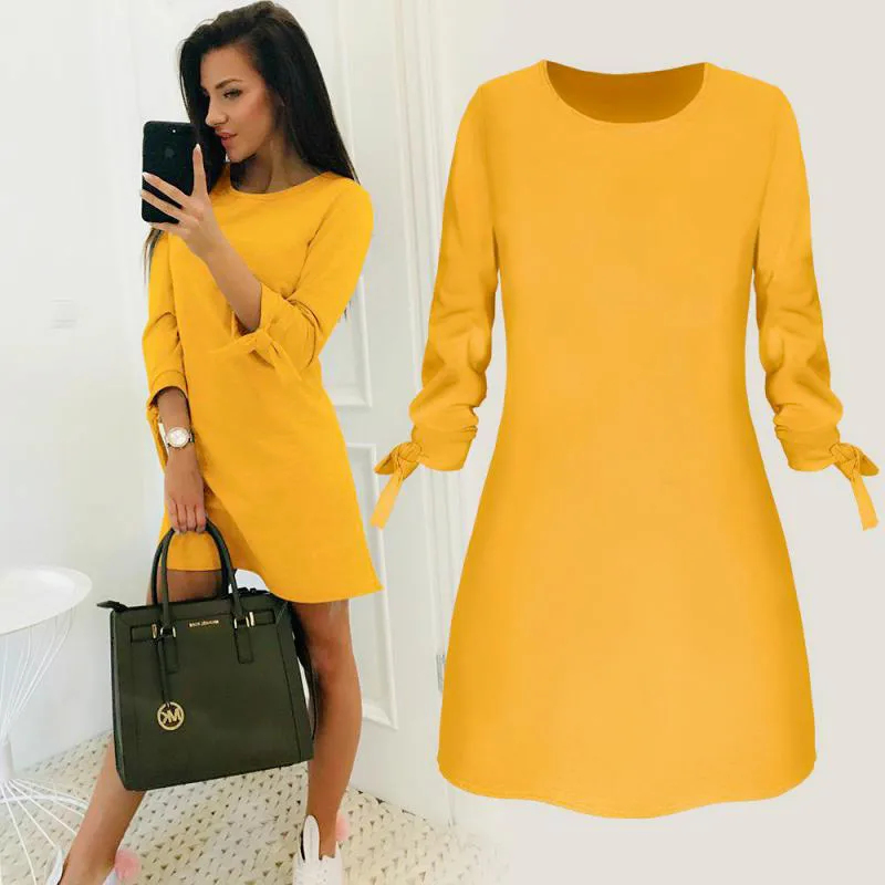 

Plus Size Spring New Fashion Solid Color Dress 2019 New Arrival Bow Elegant Beach Female Dress 34 Sleeve Vestidos S-4XL