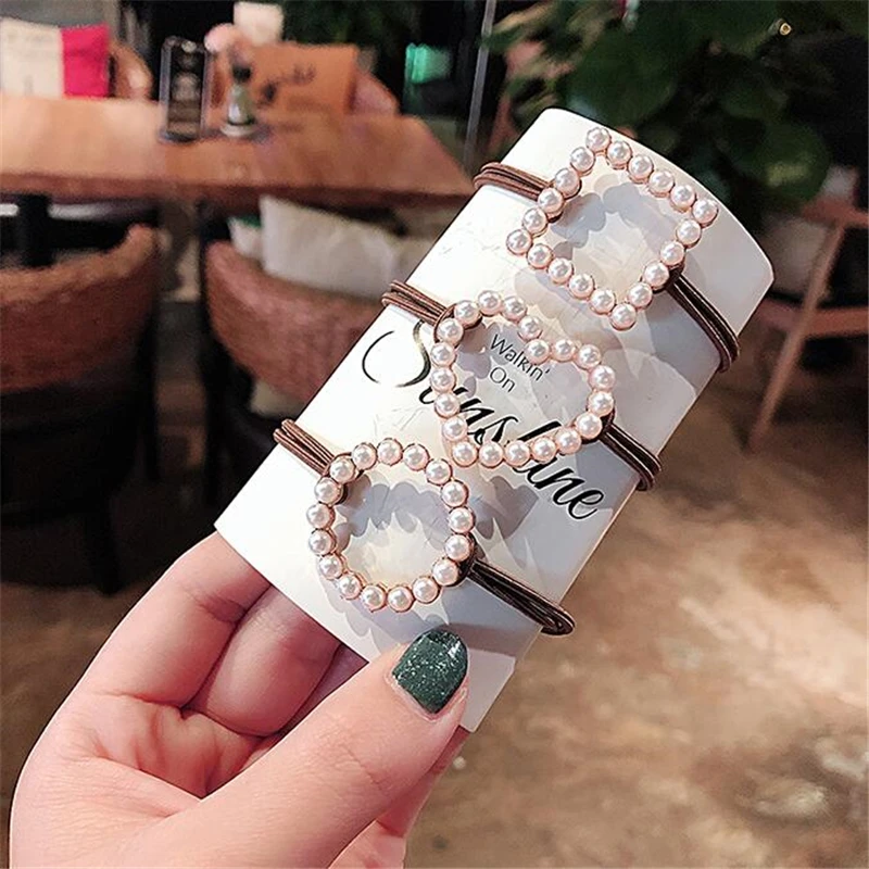 

Women Hair Accessories Pearls Beads Headbands Ponytail Holder Girls Scrunchies Geometry Elastic Hair Bands Rubber Rope Headdress