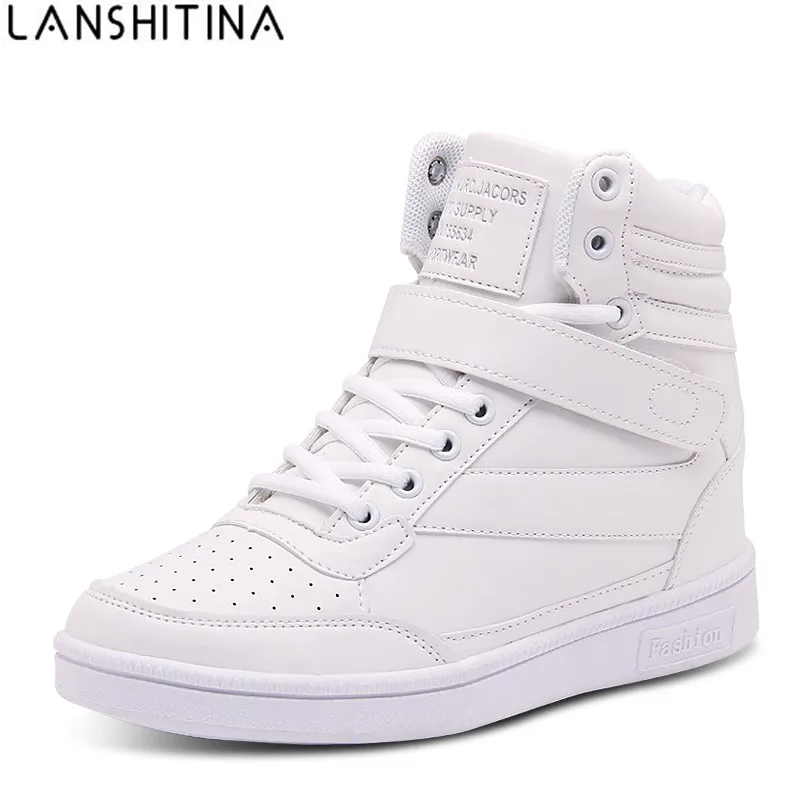 Prix 2018 Femmes Occasionnels Chaussures Espadrilles Plate Forme Cachée Croissante Sneakers PU En Cuir Chaussures Femme Respirant High Top Blanc Chaussures