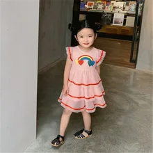 Радужные платья принцессы для девочек; коллекция года; новое Летнее Детское праздничное платье без рукавов трапециевидной формы с рукавами-лепестками; одежда