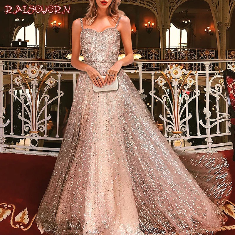 

RAISEVERN Vestidos Sexy Summer Womens Clothing Party Dress Gold Sequin Glitter Long Suspender Elegant Woman Club Dresses 2019