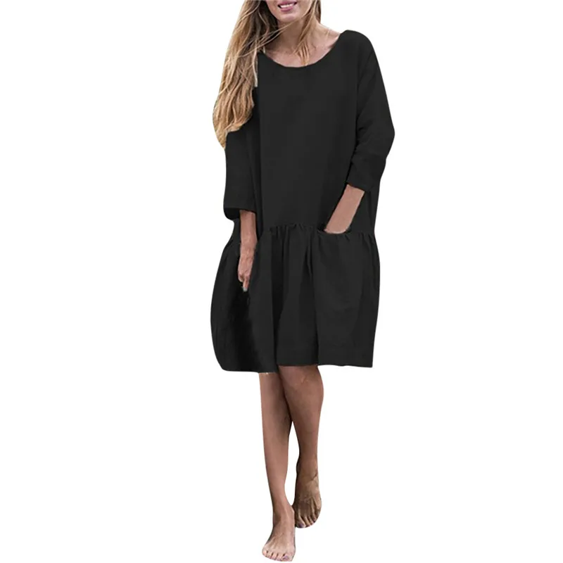 JAYCOSIN весенне-летнее платье, повседневное свободное женское платье с круглым вырезом и рукавом 3/4, хлопковое однотонное платье с рюшами#30 - Цвет: Black