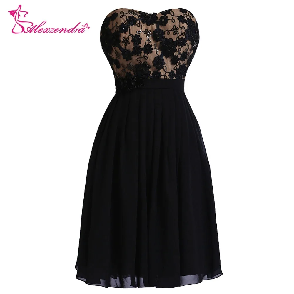 Alexzendra A Line Black Short Knee Length Lace Bridesmaid Dresses for