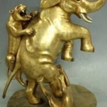 1" Китай Фиолетовый Бронзовый 24 К Золото реалистичные Лаки слон тигр борьба Статуя