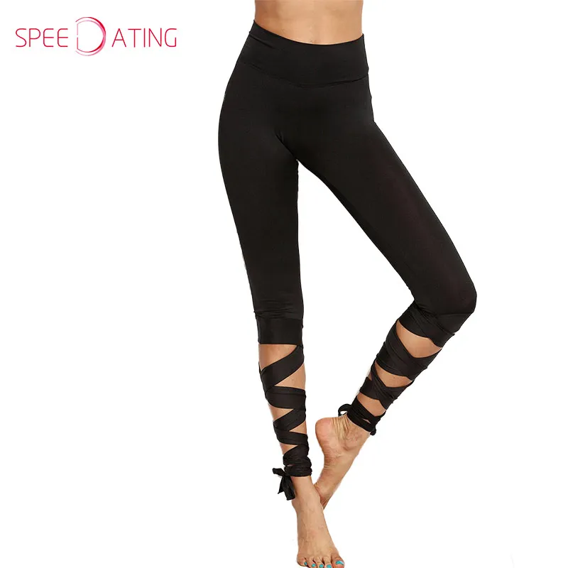 Unique Wide Waistband Tie Up Leggings Plain Long High Rise Women
