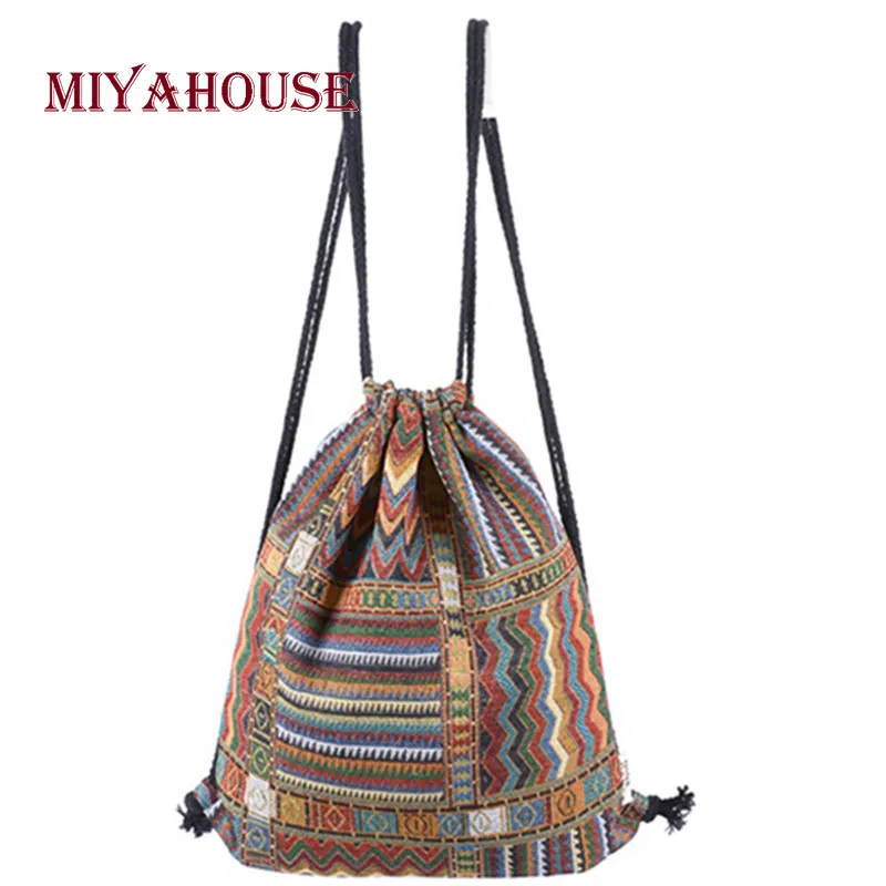 

Miyahouse National Style Canvas Material Backpack For Female Vintage Drawstring Design Rucksack Women Canvas Material Backpack