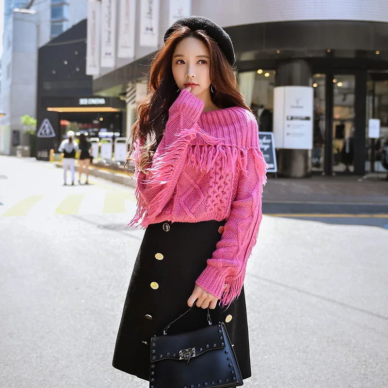 Dabuwawa Rose Pink boat neck Tassels Sweet Sweater Winter 2018 New Women Fashion Lapel Loose Short Thick Sweater Top