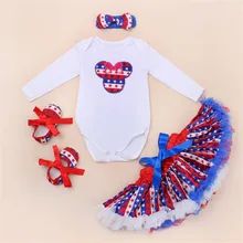 Новый 0-2 лет Женский детские новорожденных наборы Белый Длинный Качество рукав хлопок Ползунки Туту платье Американский Звезда 4 шт/комплект
