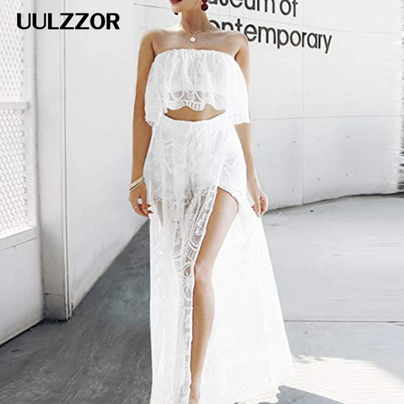 

UULZZOR Bohemia Set 2019 Summer Sexy Lace Strapless Sleeveless Women Clothing Pure Color Split Two-Piece Elegant Ladies Set