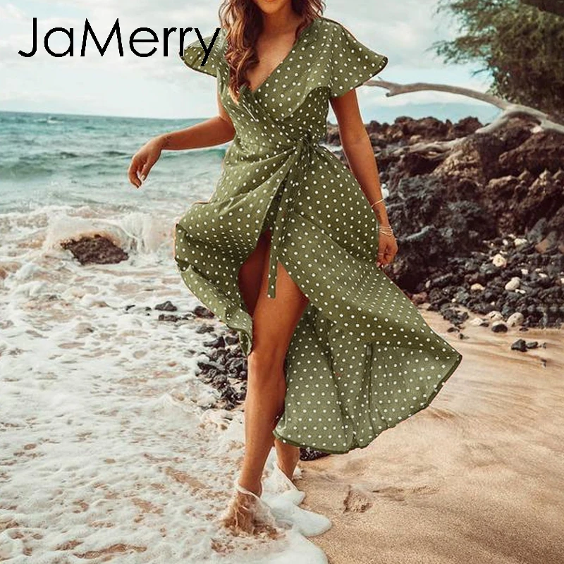 JaMerry винтажное в горошек сексуальное шифоновое женское летнее макси платье бохо v