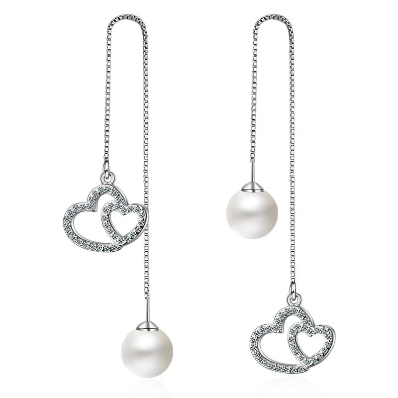 

High Quality 925 Sterling Silver earring Infinity Double Love Heart with Pearl Clear CZ Drop Earrings for Women Fine Jewelry