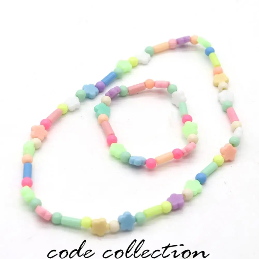 

2pcs/set Elastic Bead String Necklace Set For Women Girl Kids Resin Flower Necklace Bracelet Sweet Cute Jewerly Accessories Gift