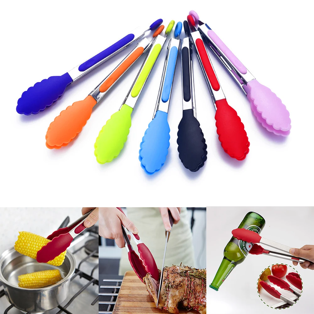 NEW Silicone Kitchen Cooking Salad Serving BBQ Tongs Stainless Steel