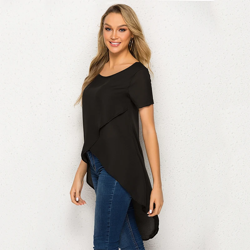 

Summer Shirt Round Collar Front Short Back Long Short Sleeve Hirt Casual Loose Tops T-Shirt For Women Fashion