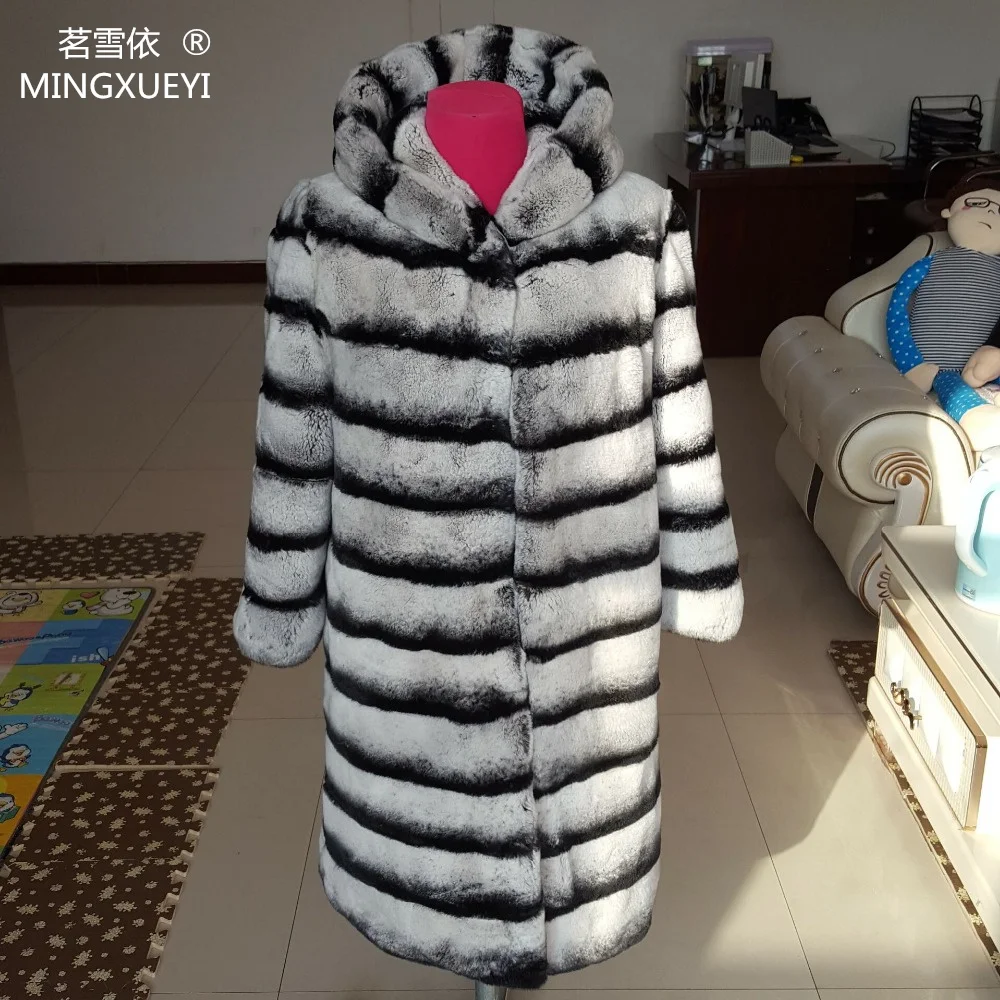 

New Designer 80cm Vintage Natural Rex Rabbit Chinchilla Fur Winter Long Coat Jacket with Fur Collar For Women hood