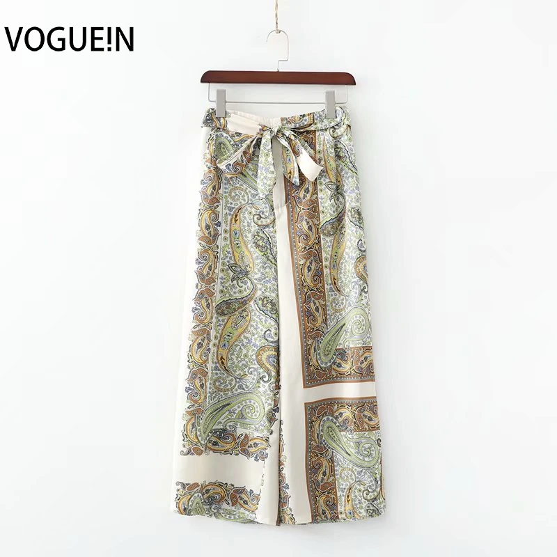 

VOGUEIN New Womens Retro Ethnic Floral Print Tie Belt Elastic Waist Split Pants Trousers Wholesale