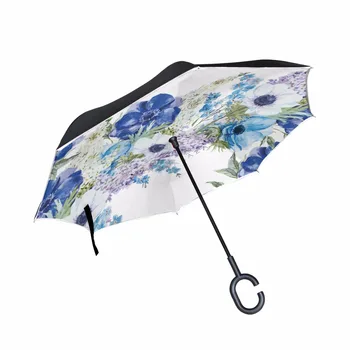 

C-Hook Reverse Umbrella Elegant Style Watercolor Flowers Printed Women Umbrella Drop Shipping Double Layer Windproof Paraguas