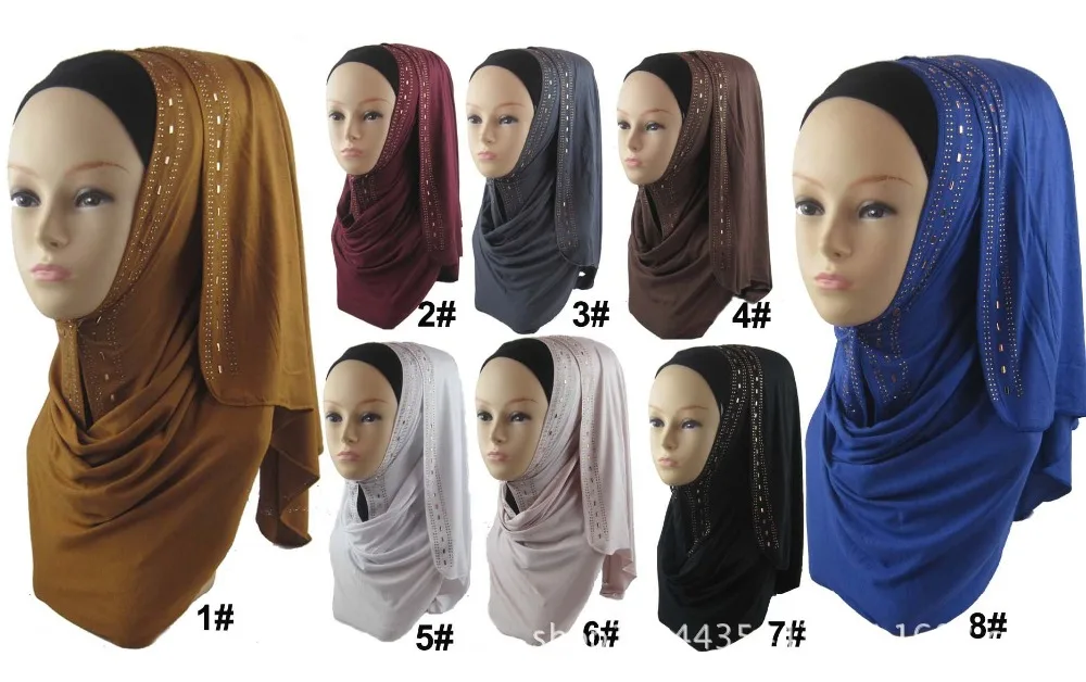 H1260 Soft modal elastic jersey long scarf with gold rhinestones,head scarf wrap,fast delivery