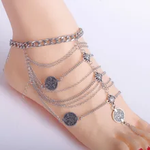 Women Beach Barefoot Sandal Tribal Tassel Anklet Chain Multilayer Moon Coin Anklet Foot Jewelry BDY0005